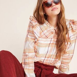 NWOT Anthropologie Polly Ruffled Peasant Blouse Plaid Top Medium